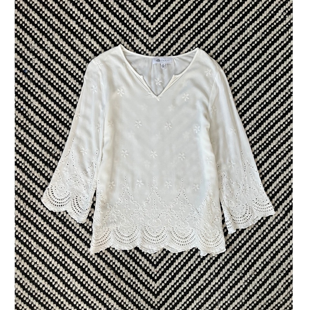 Fever Womens White Embroidered Eyelet Lace Rayon Blouse Split Top Size M boho